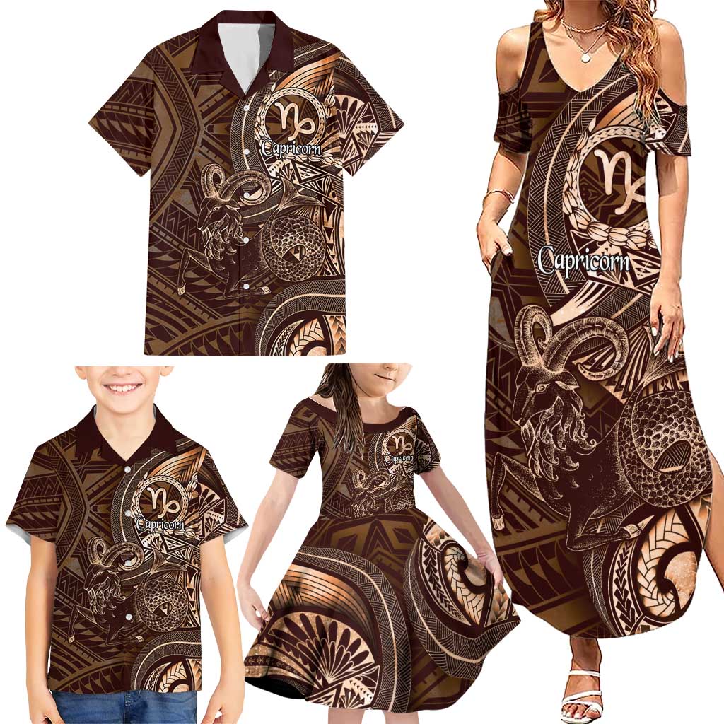 Personalised Polynesia Zodiac Capricorn Family Matching Summer Maxi Dress and Hawaiian Shirt Galaxy Polynesian Pattern Chest Tattoo Style