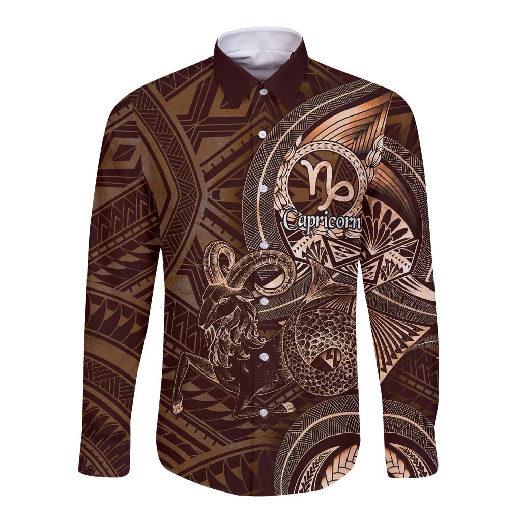 Personalised Polynesia Zodiac Capricorn Long Sleeve Button Shirt Galaxy Polynesian Pattern Chest Tattoo Style