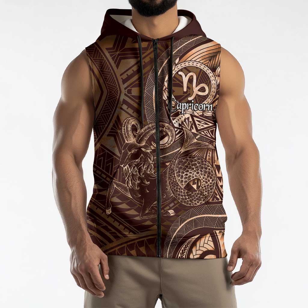 Personalised Polynesia Zodiac Capricorn Sleeveless Zip Hoodie Galaxy Polynesian Pattern Chest Tattoo Style