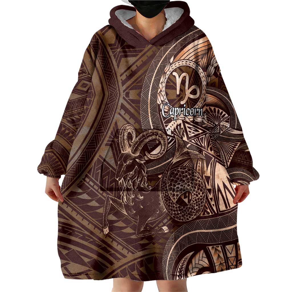 Personalised Polynesia Zodiac Capricorn Wearable Blanket Hoodie Galaxy Polynesian Pattern Chest Tattoo Style