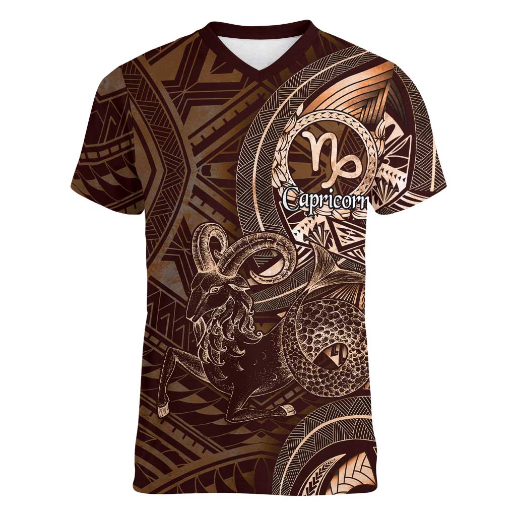 Personalised Polynesia Zodiac Capricorn Women V-Neck T-Shirt Galaxy Polynesian Pattern Chest Tattoo Style
