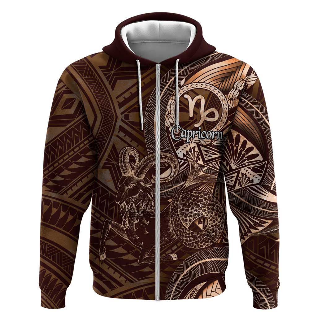 Personalised Polynesia Zodiac Capricorn Zip Hoodie Galaxy Polynesian Pattern Chest Tattoo Style