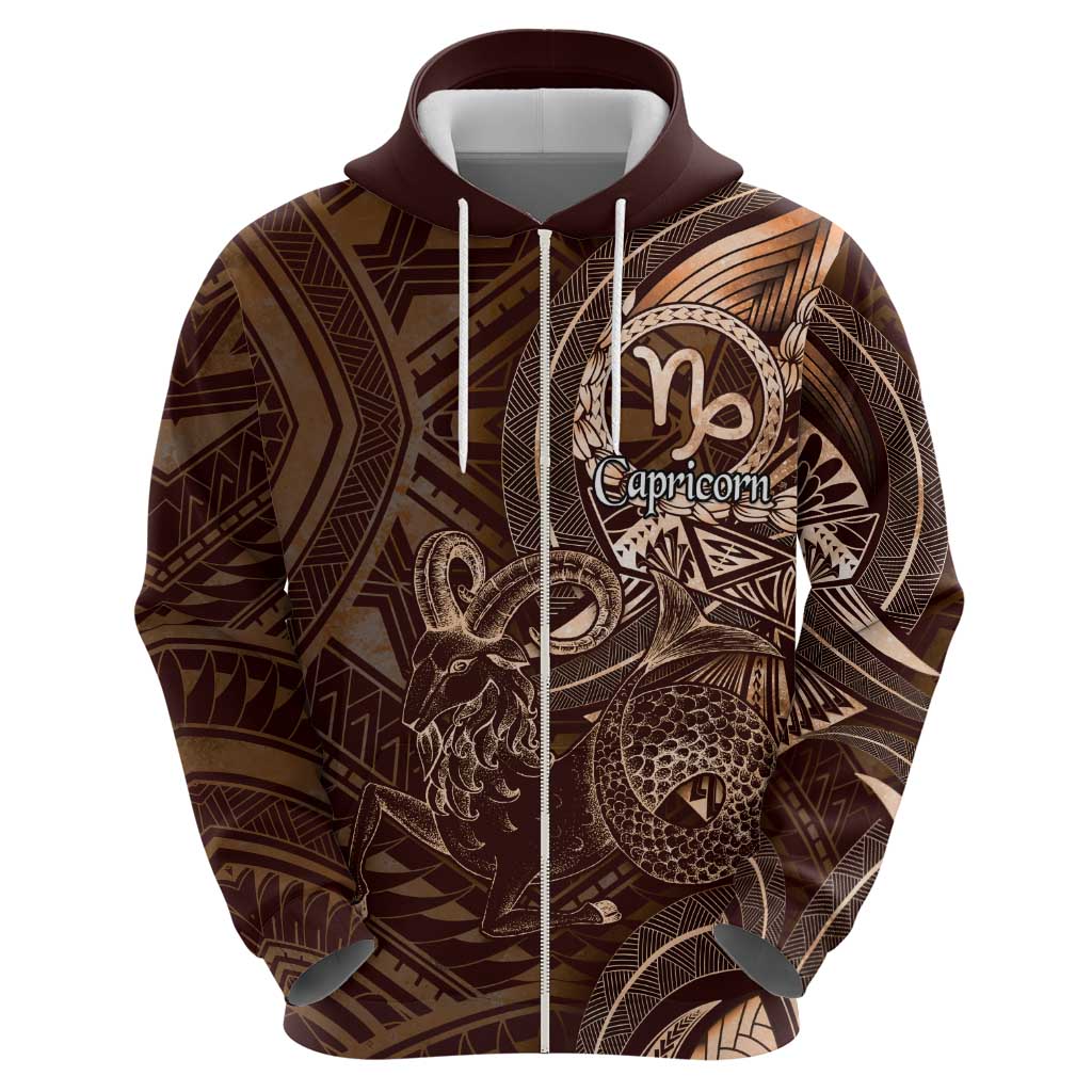 Personalised Polynesia Zodiac Capricorn Zip Hoodie Galaxy Polynesian Pattern Chest Tattoo Style