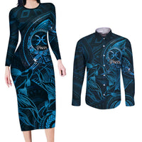 Personalised Polynesia Zodiac Pisces Couples Matching Long Sleeve Bodycon Dress and Long Sleeve Button Shirt Galaxy Polynesian Pattern Chest Tattoo Style