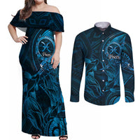 Personalised Polynesia Zodiac Pisces Couples Matching Off Shoulder Maxi Dress and Long Sleeve Button Shirt Galaxy Polynesian Pattern Chest Tattoo Style