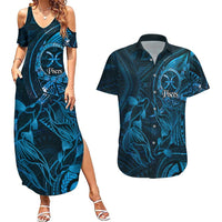 Personalised Polynesia Zodiac Pisces Couples Matching Summer Maxi Dress and Hawaiian Shirt Galaxy Polynesian Pattern Chest Tattoo Style