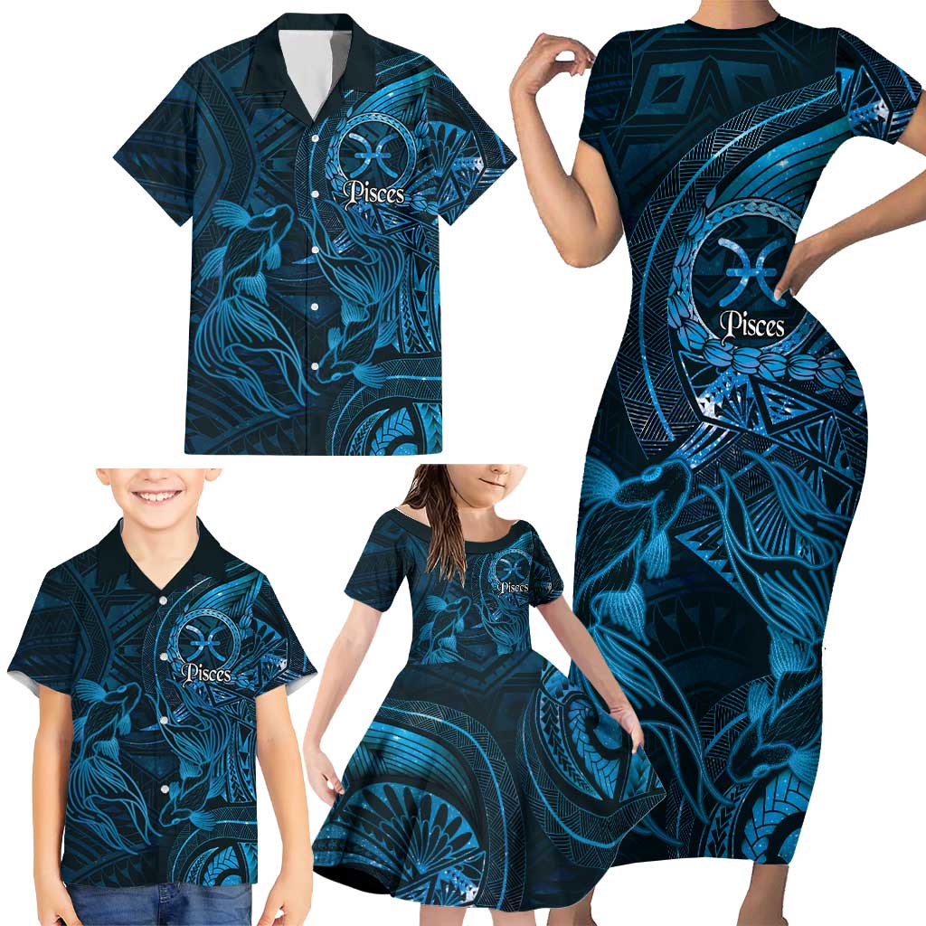 Personalised Polynesia Zodiac Pisces Family Matching Short Sleeve Bodycon Dress and Hawaiian Shirt Galaxy Polynesian Pattern Chest Tattoo Style