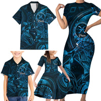 Personalised Polynesia Zodiac Pisces Family Matching Short Sleeve Bodycon Dress and Hawaiian Shirt Galaxy Polynesian Pattern Chest Tattoo Style