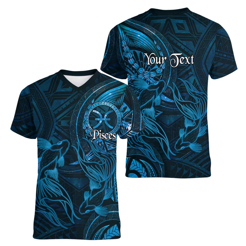 Personalised Polynesia Zodiac Pisces Women V-Neck T-Shirt Galaxy Polynesian Pattern Chest Tattoo Style