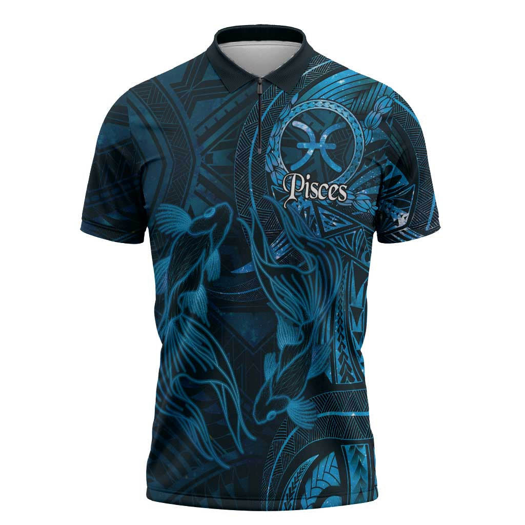 Personalised Polynesia Zodiac Pisces Zipper Polo Shirt Galaxy Polynesian Pattern Chest Tattoo Style
