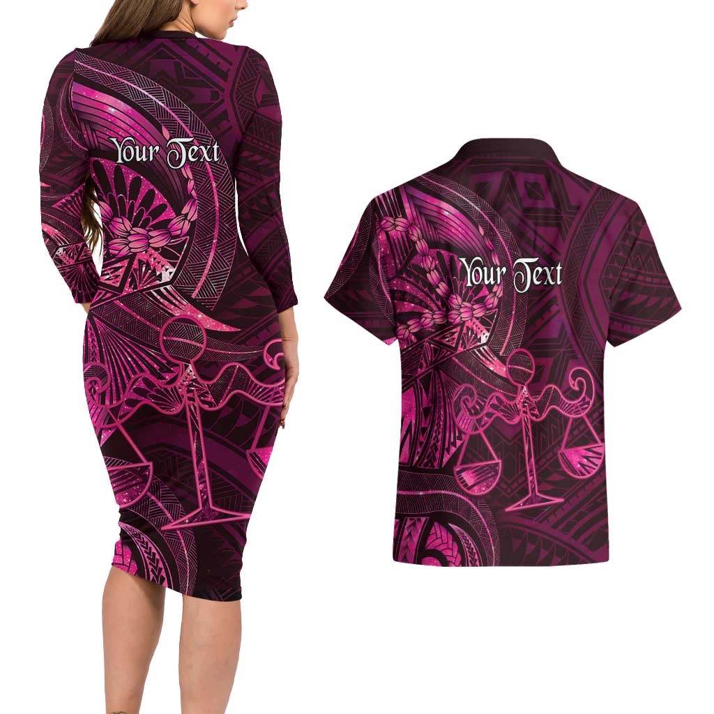 Personalised Polynesia Zodiac Libra Couples Matching Long Sleeve Bodycon Dress and Hawaiian Shirt Galaxy Polynesian Pattern Chest Tattoo Style