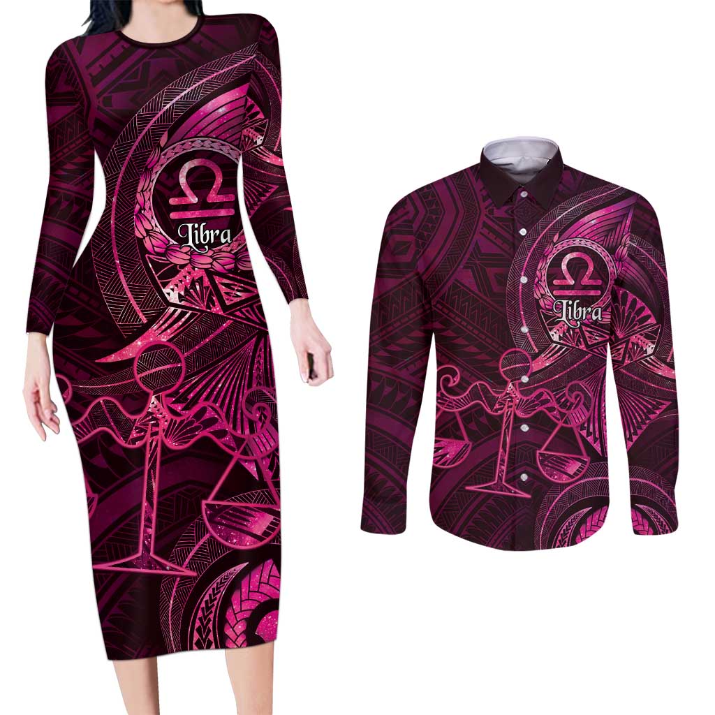 Personalised Polynesia Zodiac Libra Couples Matching Long Sleeve Bodycon Dress and Long Sleeve Button Shirt Galaxy Polynesian Pattern Chest Tattoo Style