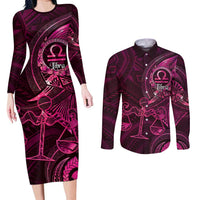 Personalised Polynesia Zodiac Libra Couples Matching Long Sleeve Bodycon Dress and Long Sleeve Button Shirt Galaxy Polynesian Pattern Chest Tattoo Style