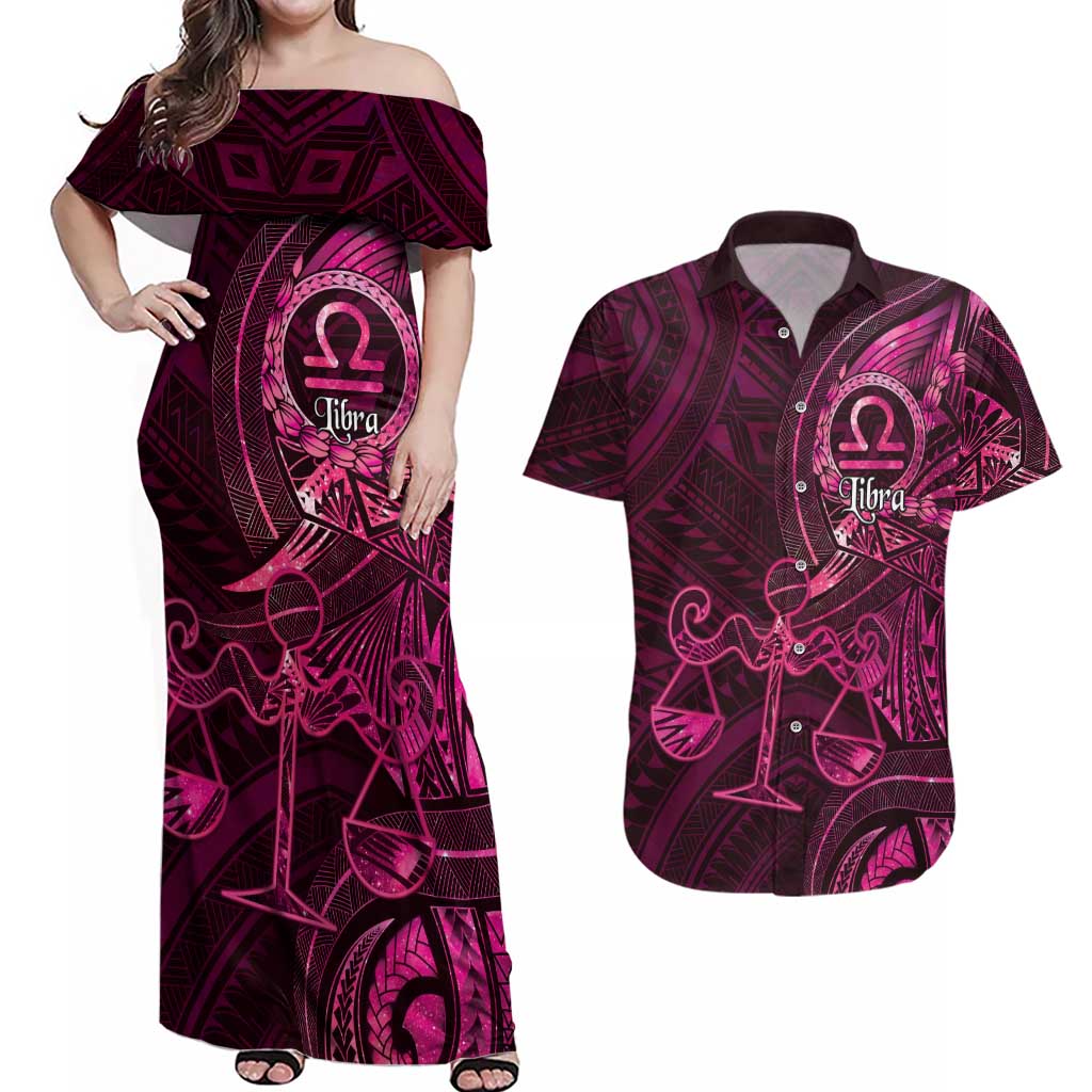 Personalised Polynesia Zodiac Libra Couples Matching Off Shoulder Maxi Dress and Hawaiian Shirt Galaxy Polynesian Pattern Chest Tattoo Style