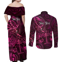 Personalised Polynesia Zodiac Libra Couples Matching Off Shoulder Maxi Dress and Long Sleeve Button Shirt Galaxy Polynesian Pattern Chest Tattoo Style