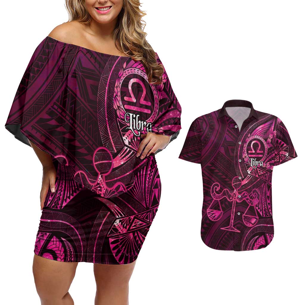 Personalised Polynesia Zodiac Libra Couples Matching Off Shoulder Short Dress and Hawaiian Shirt Galaxy Polynesian Pattern Chest Tattoo Style