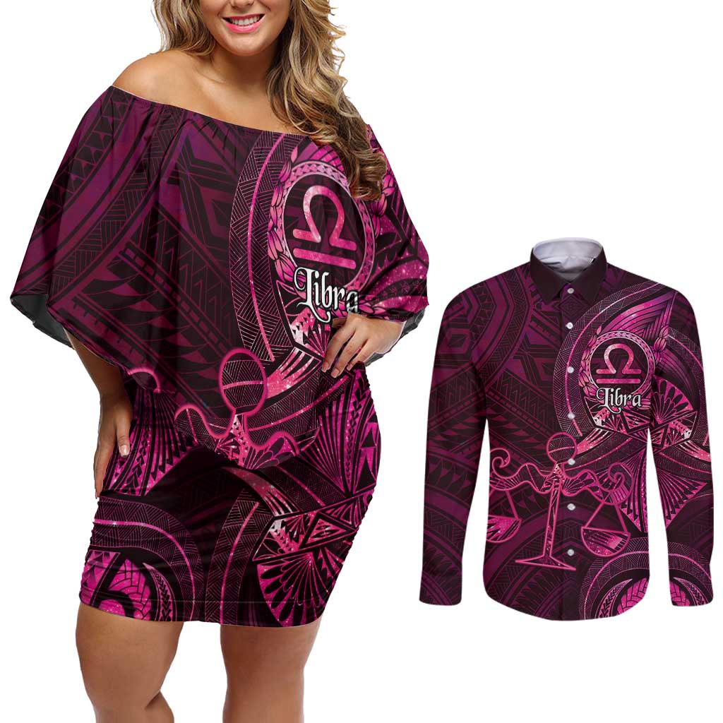 Personalised Polynesia Zodiac Libra Couples Matching Off Shoulder Short Dress and Long Sleeve Button Shirt Galaxy Polynesian Pattern Chest Tattoo Style