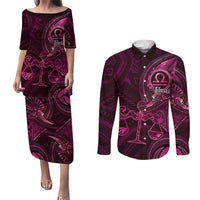 Personalised Polynesia Zodiac Libra Couples Matching Puletasi and Long Sleeve Button Shirt Galaxy Polynesian Pattern Chest Tattoo Style
