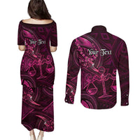 Personalised Polynesia Zodiac Libra Couples Matching Puletasi and Long Sleeve Button Shirt Galaxy Polynesian Pattern Chest Tattoo Style