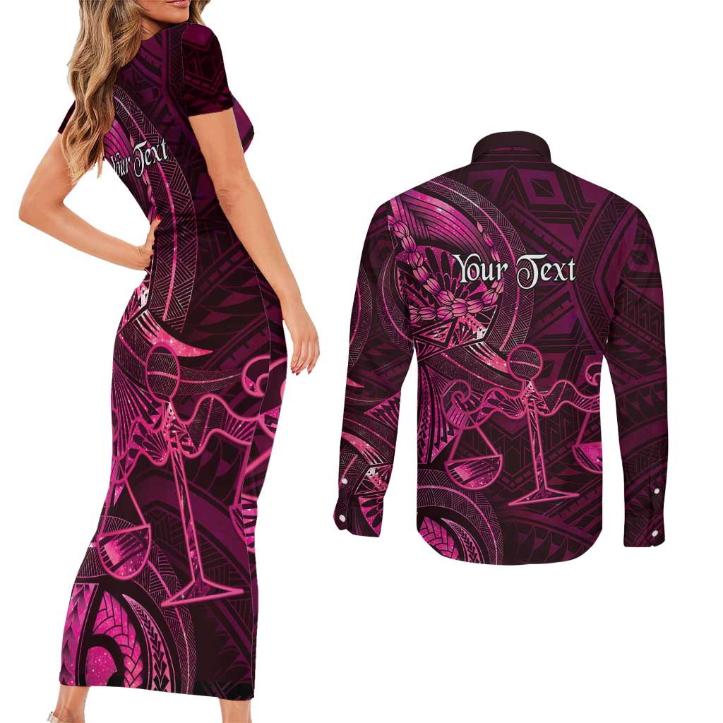 Personalised Polynesia Zodiac Libra Couples Matching Short Sleeve Bodycon Dress and Long Sleeve Button Shirt Galaxy Polynesian Pattern Chest Tattoo Style