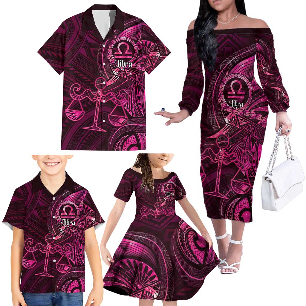 Personalised Polynesia Zodiac Libra Family Matching Off The Shoulder Long Sleeve Dress and Hawaiian Shirt Galaxy Polynesian Pattern Chest Tattoo Style