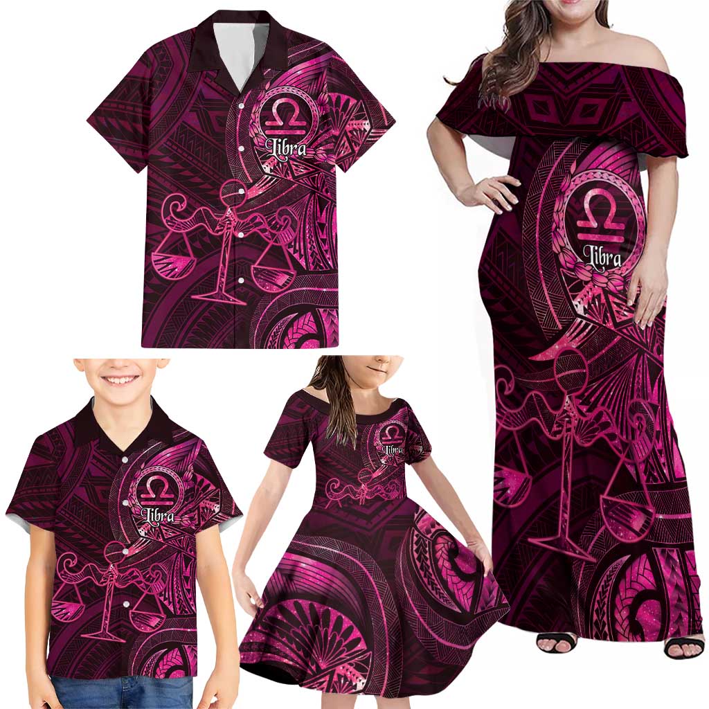 Personalised Polynesia Zodiac Libra Family Matching Off Shoulder Maxi Dress and Hawaiian Shirt Galaxy Polynesian Pattern Chest Tattoo Style