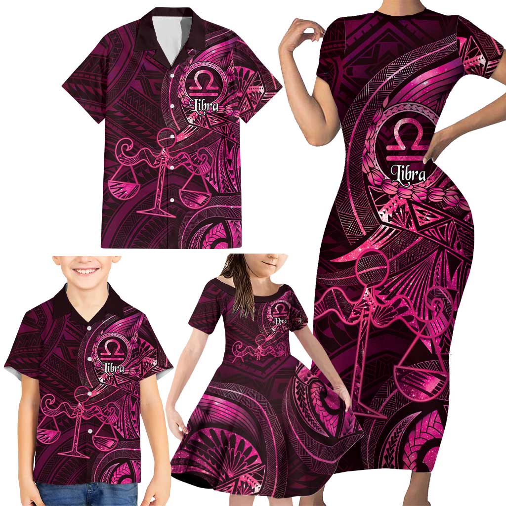 Personalised Polynesia Zodiac Libra Family Matching Short Sleeve Bodycon Dress and Hawaiian Shirt Galaxy Polynesian Pattern Chest Tattoo Style