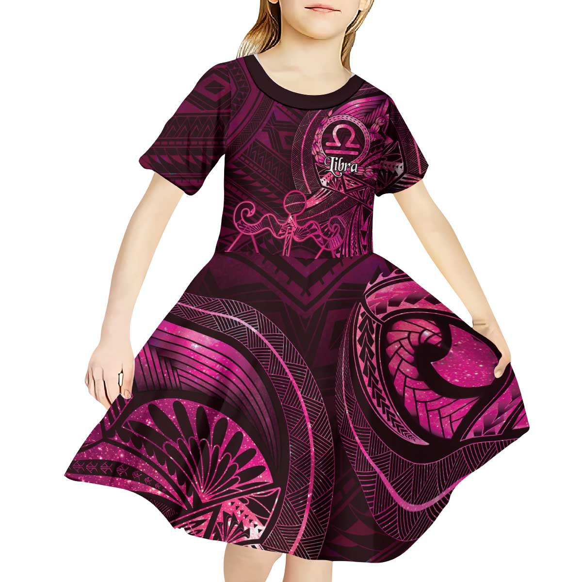 Personalised Polynesia Zodiac Libra Kid Short Sleeve Dress Galaxy Polynesian Pattern Chest Tattoo Style