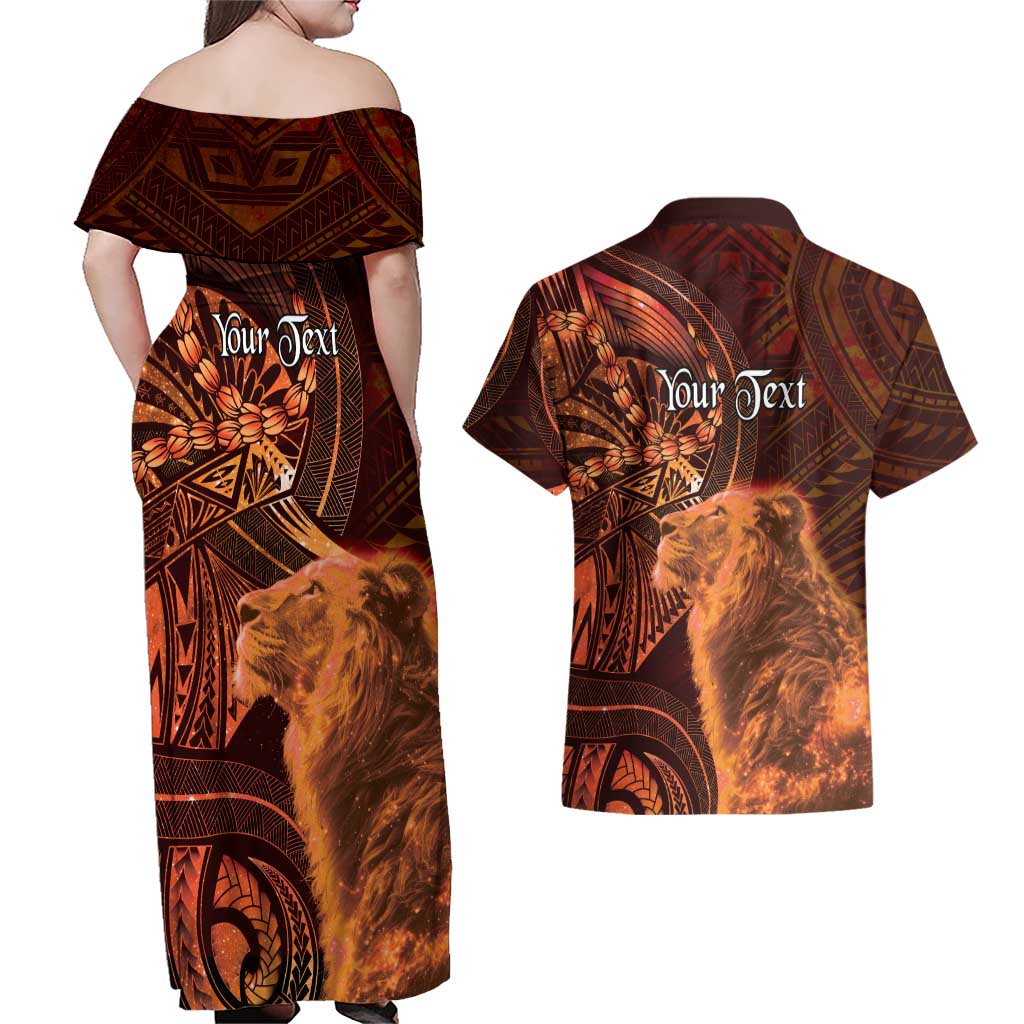 Personalised Polynesia Zodiac Leo Couples Matching Off Shoulder Maxi Dress and Hawaiian Shirt Galaxy Polynesian Pattern Chest Tattoo Style