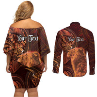 Personalised Polynesia Zodiac Leo Couples Matching Off Shoulder Short Dress and Long Sleeve Button Shirt Galaxy Polynesian Pattern Chest Tattoo Style