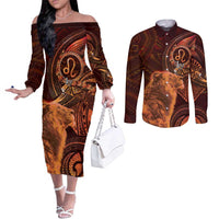 Personalised Polynesia Zodiac Leo Couples Matching Off The Shoulder Long Sleeve Dress and Long Sleeve Button Shirt Galaxy Polynesian Pattern Chest Tattoo Style
