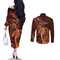 Personalised Polynesia Zodiac Leo Couples Matching Off The Shoulder Long Sleeve Dress and Long Sleeve Button Shirt Galaxy Polynesian Pattern Chest Tattoo Style