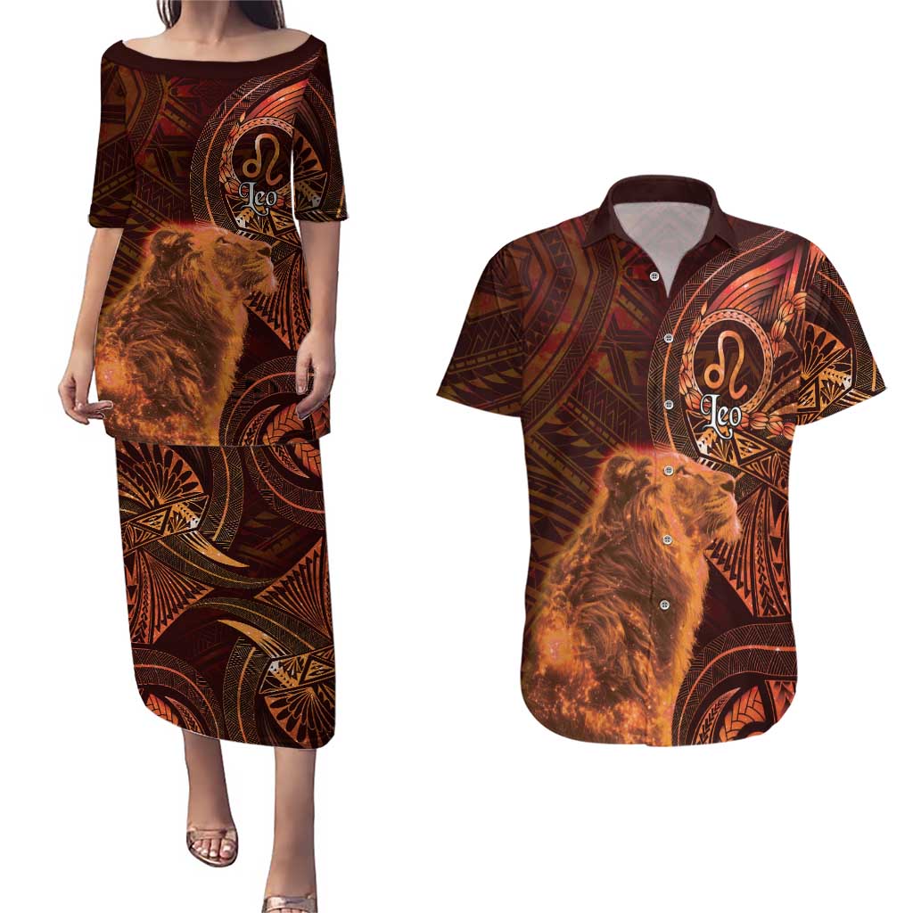 Personalised Polynesia Zodiac Leo Couples Matching Puletasi and Hawaiian Shirt Galaxy Polynesian Pattern Chest Tattoo Style