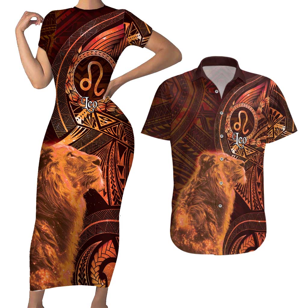 Personalised Polynesia Zodiac Leo Couples Matching Short Sleeve Bodycon Dress and Hawaiian Shirt Galaxy Polynesian Pattern Chest Tattoo Style