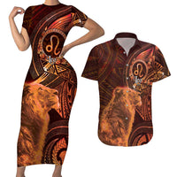 Personalised Polynesia Zodiac Leo Couples Matching Short Sleeve Bodycon Dress and Hawaiian Shirt Galaxy Polynesian Pattern Chest Tattoo Style