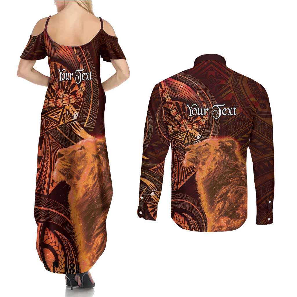 Personalised Polynesia Zodiac Leo Couples Matching Summer Maxi Dress and Long Sleeve Button Shirt Galaxy Polynesian Pattern Chest Tattoo Style