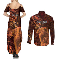 Personalised Polynesia Zodiac Leo Couples Matching Summer Maxi Dress and Long Sleeve Button Shirt Galaxy Polynesian Pattern Chest Tattoo Style