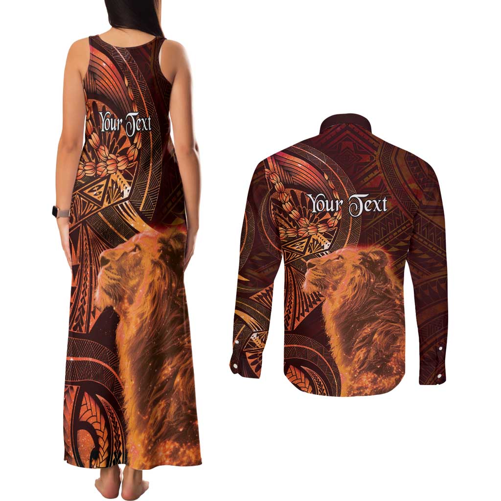 Personalised Polynesia Zodiac Leo Couples Matching Tank Maxi Dress and Long Sleeve Button Shirt Galaxy Polynesian Pattern Chest Tattoo Style