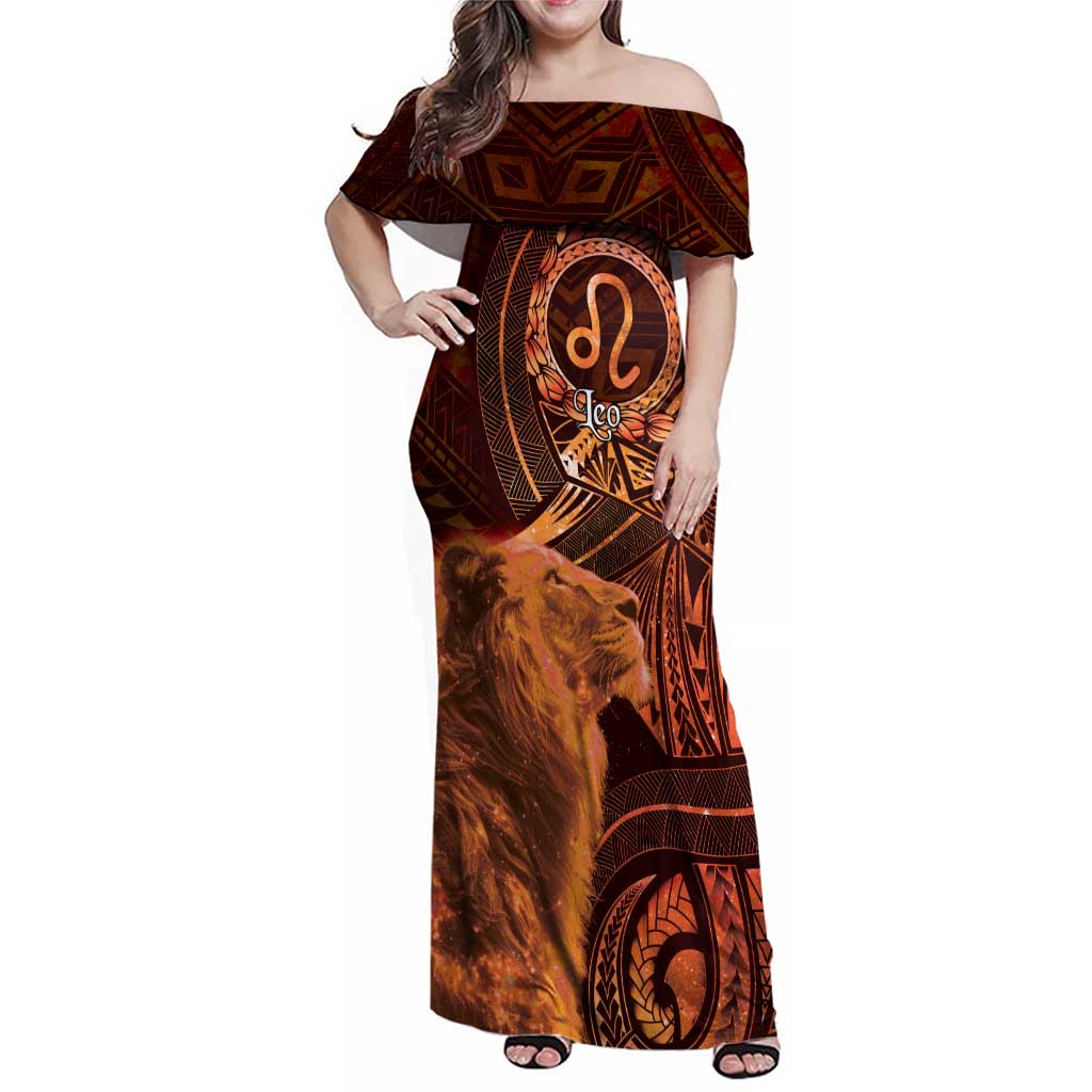 Personalised Polynesia Zodiac Leo Family Matching Off Shoulder Maxi Dress and Hawaiian Shirt Galaxy Polynesian Pattern Chest Tattoo Style