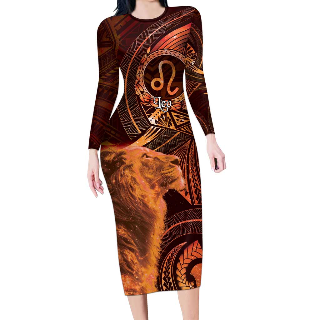 Personalised Polynesia Zodiac Leo Long Sleeve Bodycon Dress Galaxy Polynesian Pattern Chest Tattoo Style LT14 Long Dress Orange - Polynesian Pride