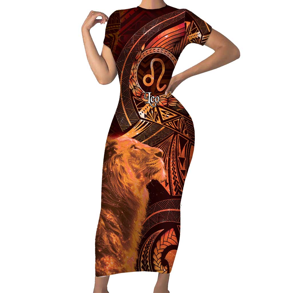 Personalised Polynesia Zodiac Leo Short Sleeve Bodycon Dress Galaxy Polynesian Pattern Chest Tattoo Style
