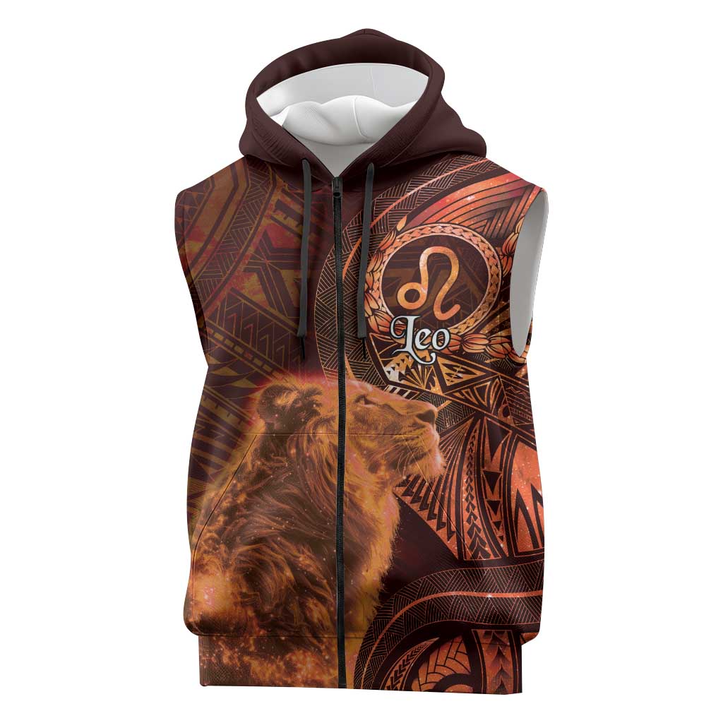 Personalised Polynesia Zodiac Leo Sleeveless Zip Hoodie Galaxy Polynesian Pattern Chest Tattoo Style