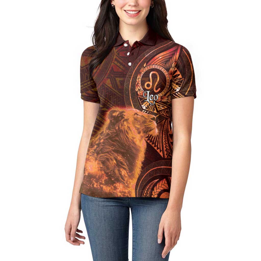Personalised Polynesia Zodiac Leo Women Polo Shirt Galaxy Polynesian Pattern Chest Tattoo Style