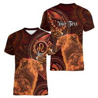 Personalised Polynesia Zodiac Leo Women V-Neck T-Shirt Galaxy Polynesian Pattern Chest Tattoo Style
