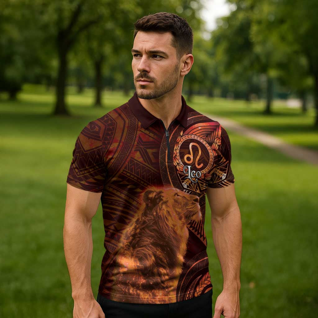 Personalised Polynesia Zodiac Leo Zipper Polo Shirt Galaxy Polynesian Pattern Chest Tattoo Style