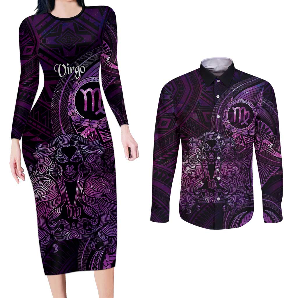 Personalised Polynesia Zodiac Virgo Couples Matching Long Sleeve Bodycon Dress and Long Sleeve Button Shirt Galaxy Polynesian Pattern Chest Tattoo Style