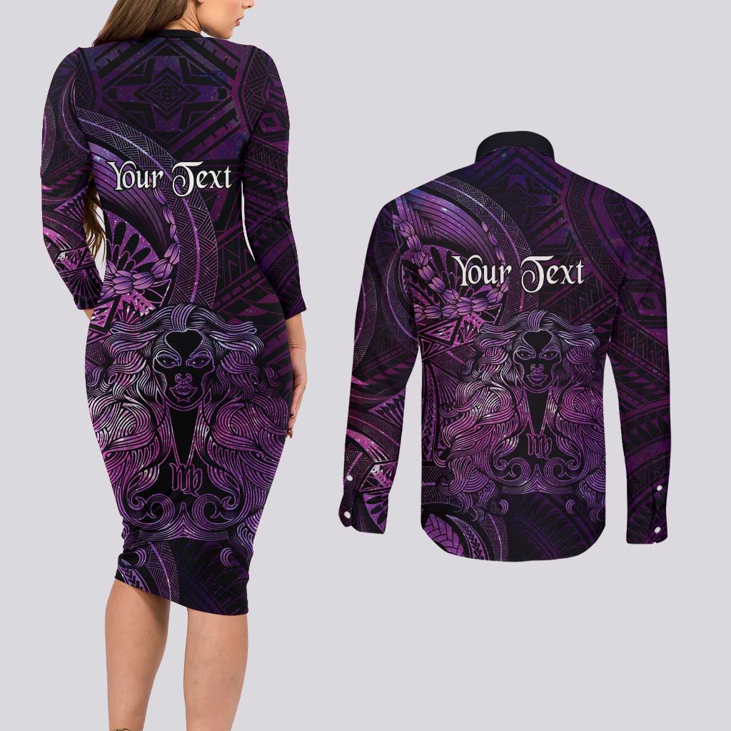 Personalised Polynesia Zodiac Virgo Couples Matching Long Sleeve Bodycon Dress and Long Sleeve Button Shirt Galaxy Polynesian Pattern Chest Tattoo Style