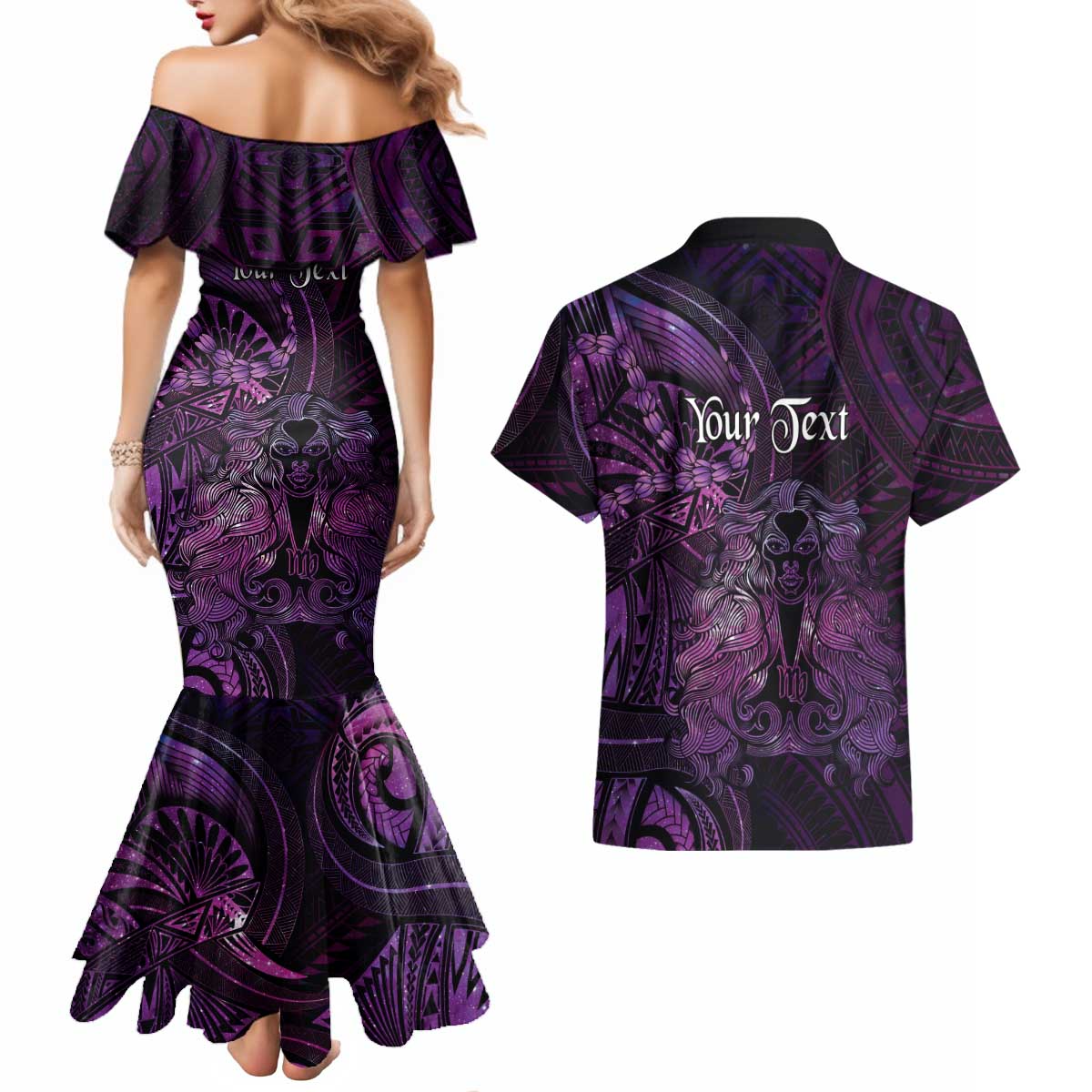 Personalised Polynesia Zodiac Virgo Couples Matching Mermaid Dress and Hawaiian Shirt Galaxy Polynesian Pattern Chest Tattoo Style