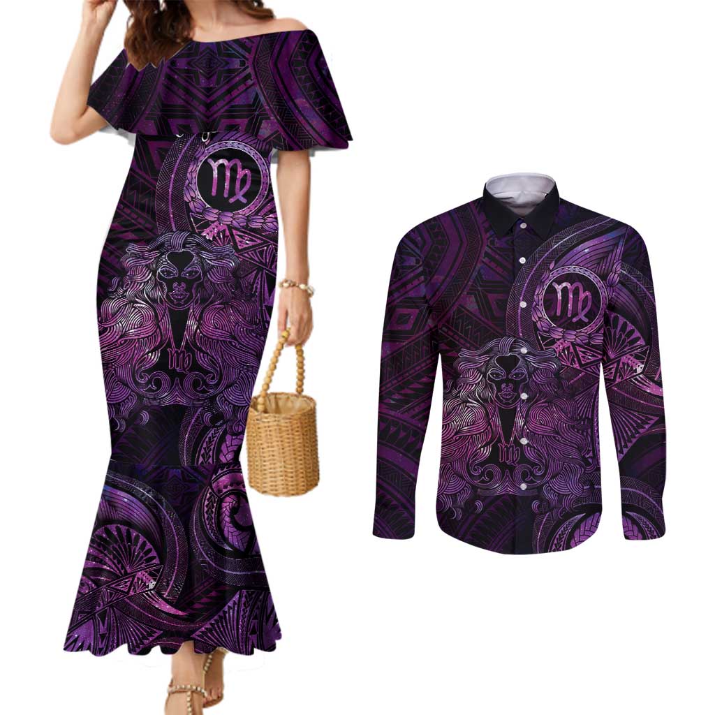 Personalised Polynesia Zodiac Virgo Couples Matching Mermaid Dress and Long Sleeve Button Shirt Galaxy Polynesian Pattern Chest Tattoo Style