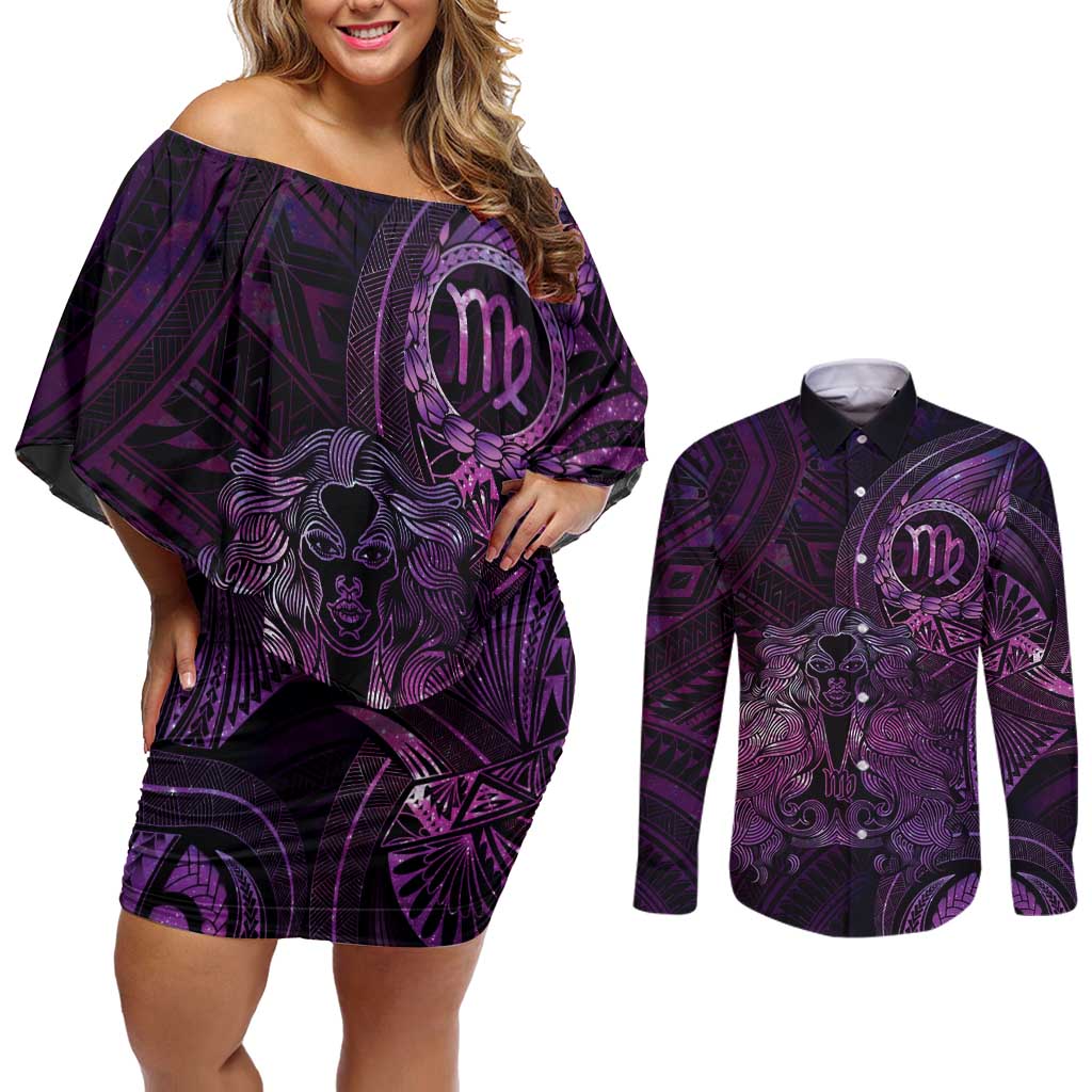 Personalised Polynesia Zodiac Virgo Couples Matching Off Shoulder Short Dress and Long Sleeve Button Shirt Galaxy Polynesian Pattern Chest Tattoo Style
